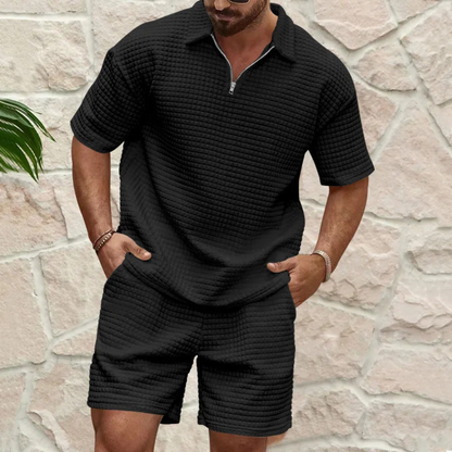 Men's Polo Shirt and Shorts Set with Short Sleeve and Zip Collar