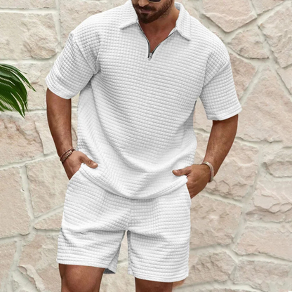 Men's Polo Shirt and Shorts Set with Short Sleeve and Zip Collar