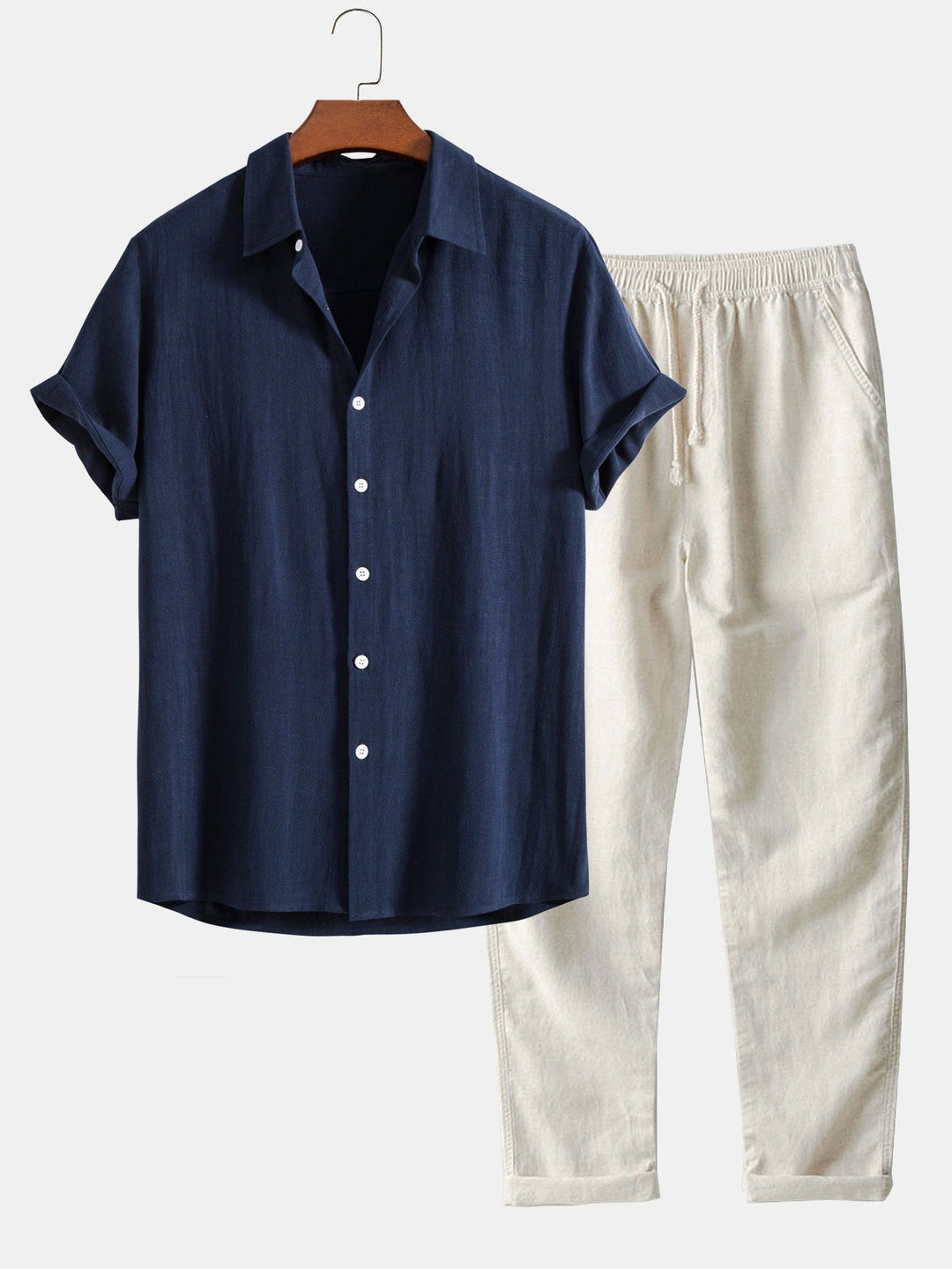 Men's Short-Sleeve Shirt with Stand-Up Collar and Matching Trousers