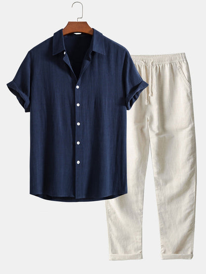 Men's Short-Sleeve Shirt with Stand-Up Collar and Matching Trousers