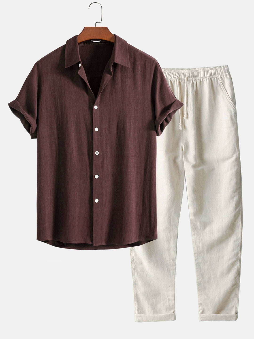 Men's Short-Sleeve Shirt with Stand-Up Collar and Matching Trousers