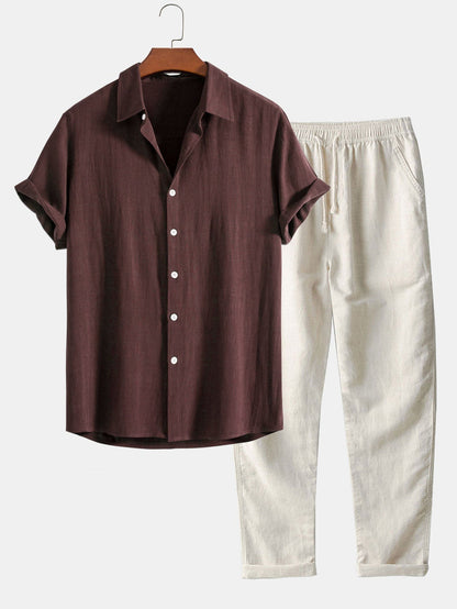 Men's Short-Sleeve Shirt with Stand-Up Collar and Matching Trousers