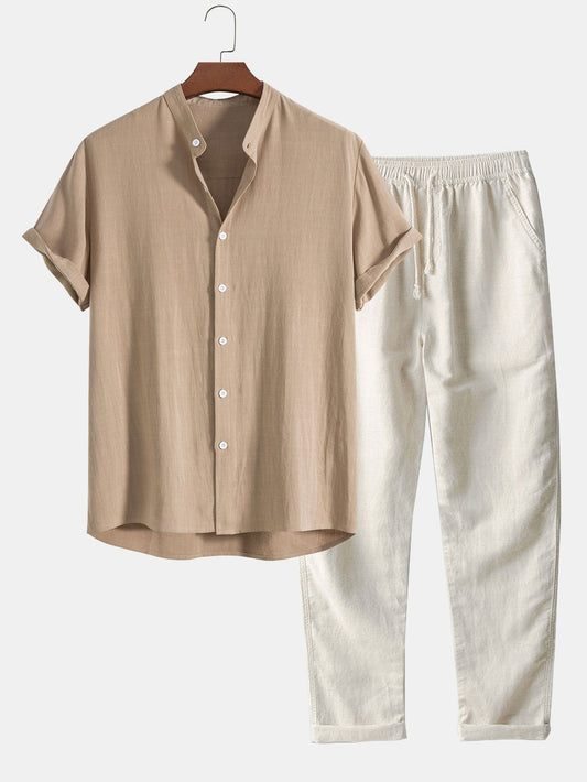 Men's Short-Sleeve Shirt with Stand-Up Collar and Matching Trousers
