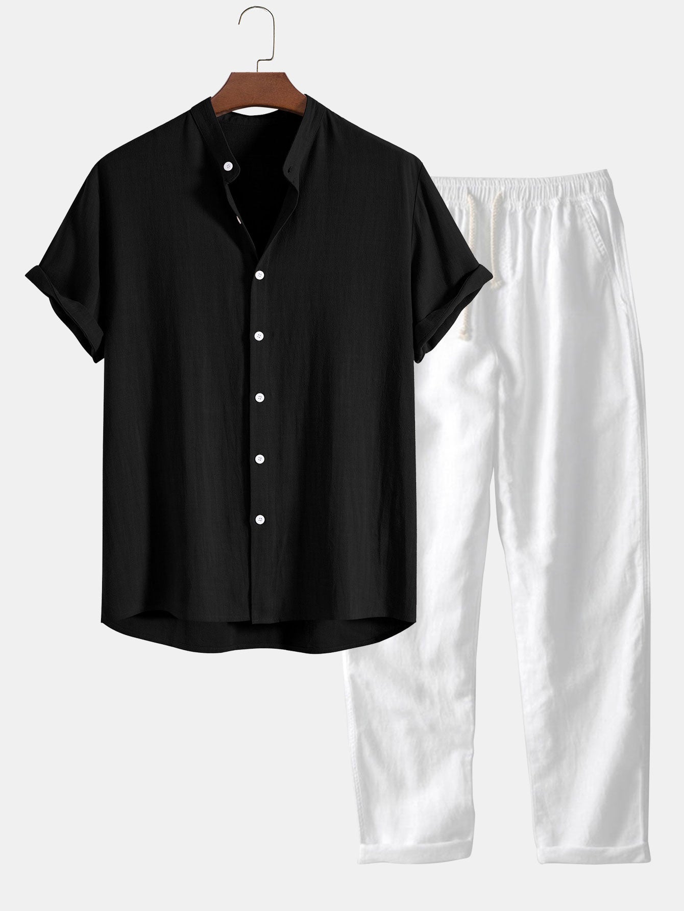 Men's Short-Sleeve Shirt with Stand-Up Collar and Matching Trousers