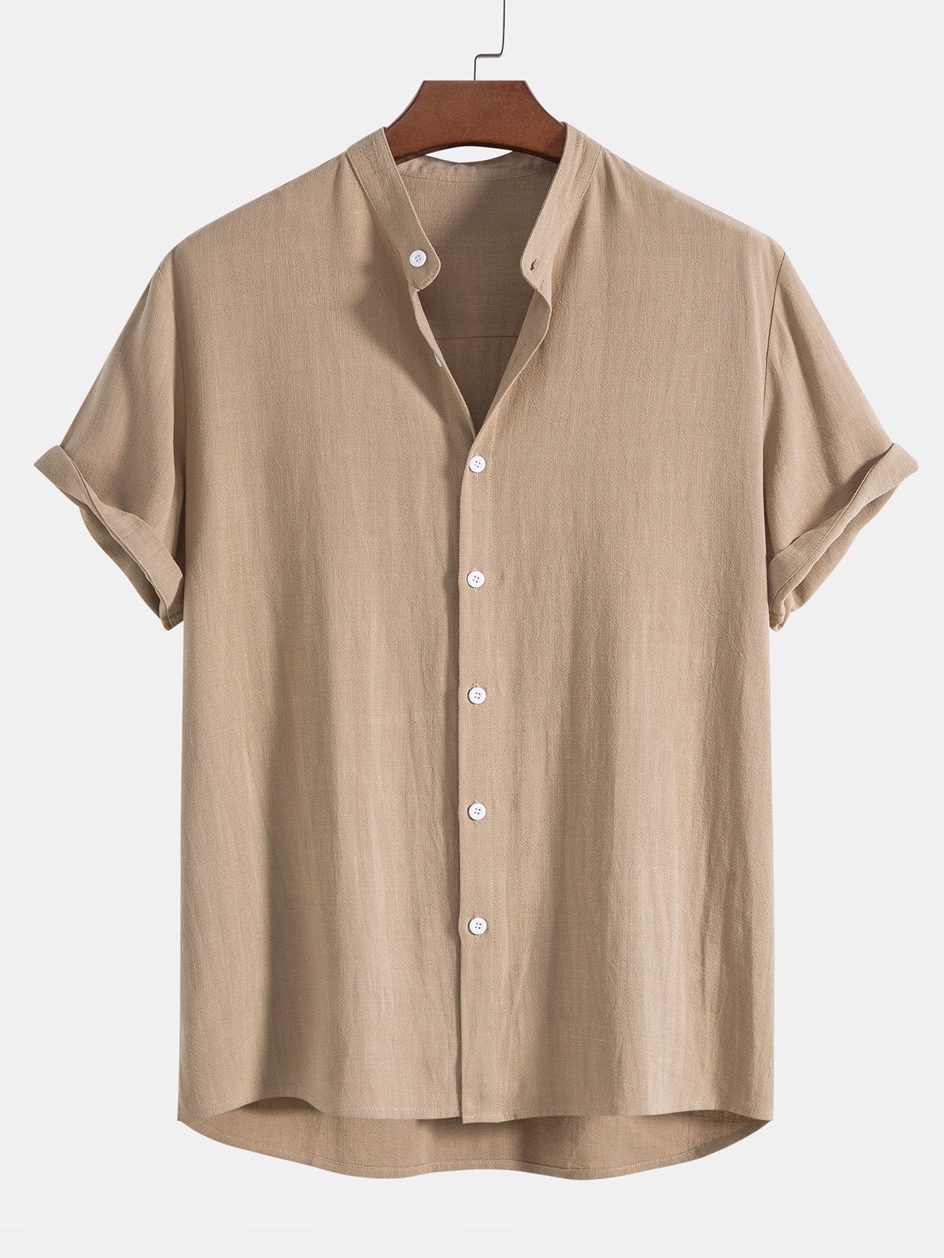 Men's Short-Sleeve Shirt with Stand-Up Collar and Matching Trousers