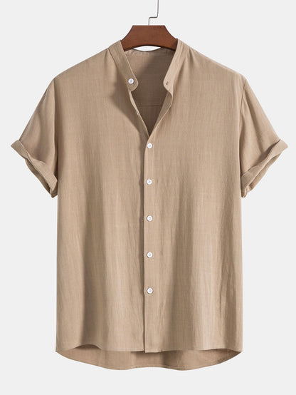Men's Short-Sleeve Shirt with Stand-Up Collar and Matching Trousers