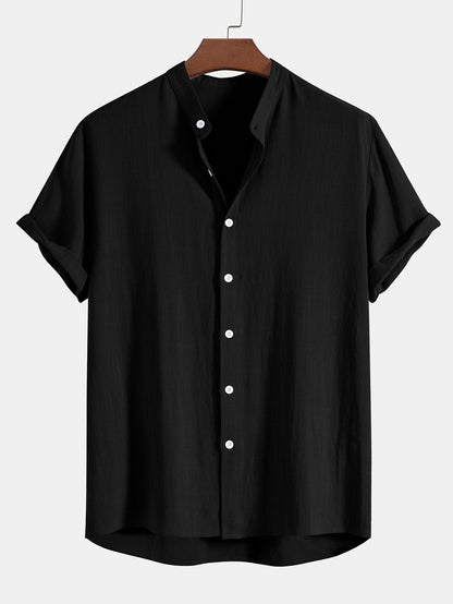 Men's Short-Sleeve Shirt with Stand-Up Collar and Matching Trousers