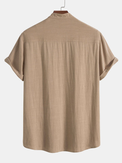 Men's Short-Sleeve Shirt with Stand-Up Collar and Matching Trousers