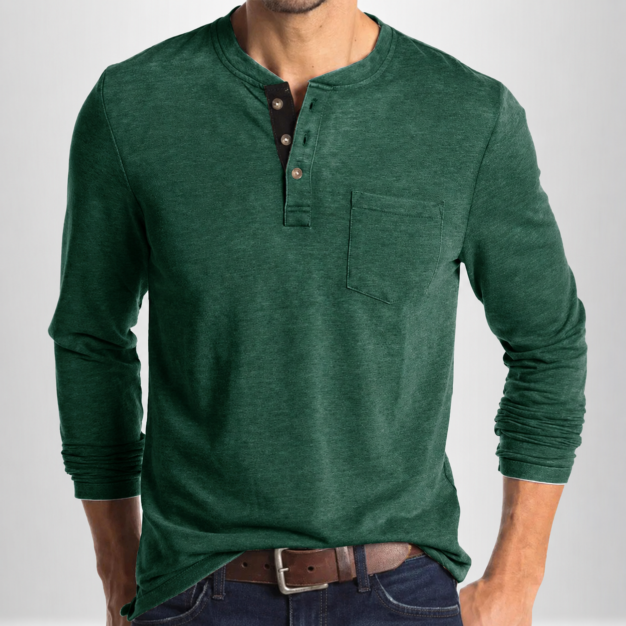 Men's Long Sleeve T-shirt with Henley Collar and Chest Pocket