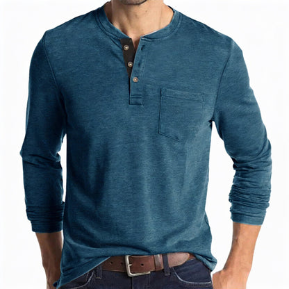 Men's Long Sleeve T-shirt with Henley Collar and Chest Pocket