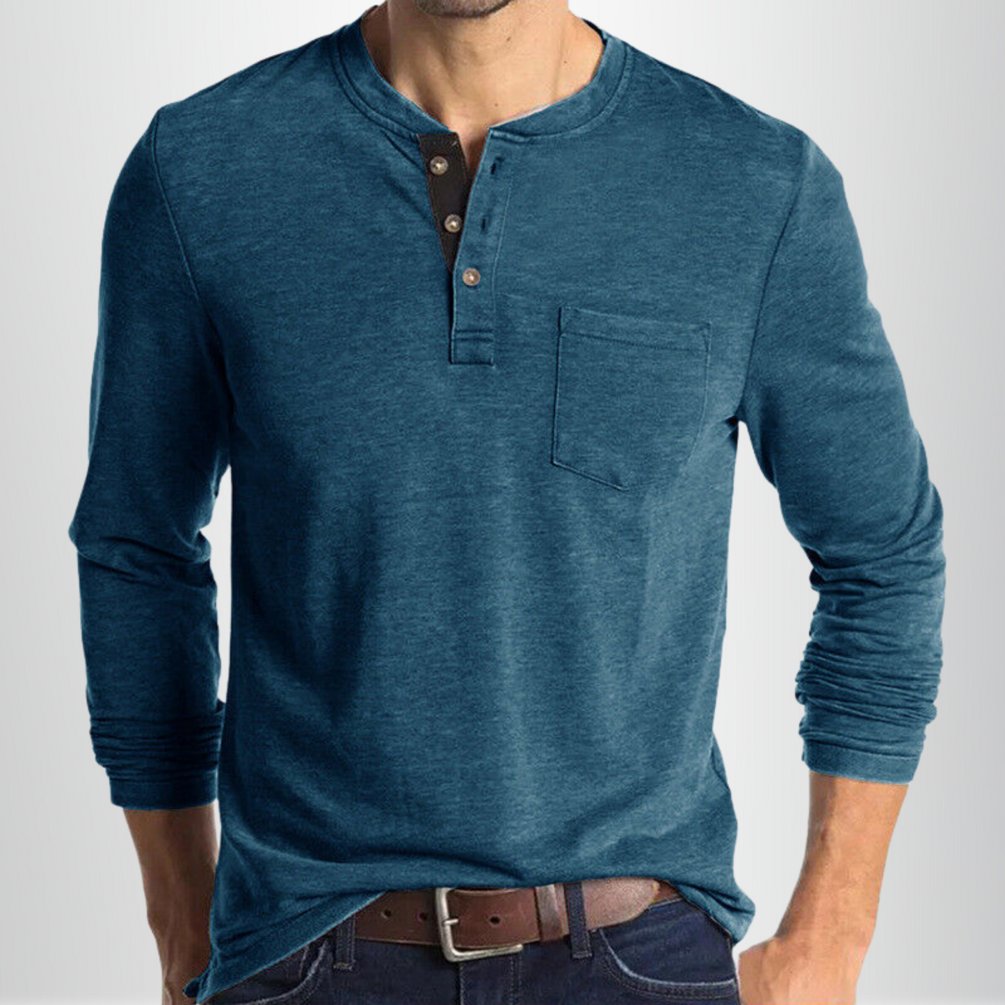 Men's Long Sleeve T-shirt with Henley Collar and Chest Pocket