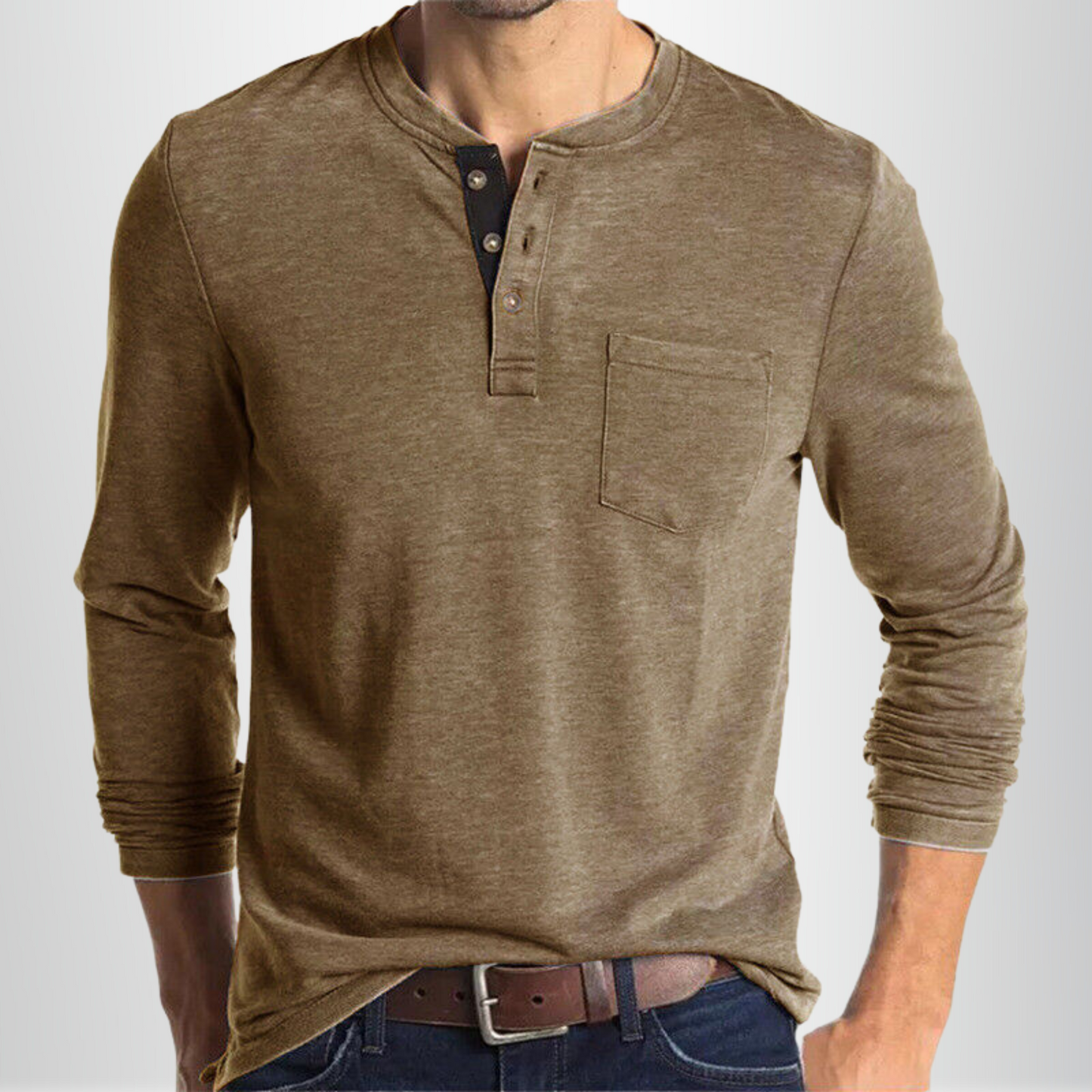Men's Long Sleeve T-shirt with Henley Collar and Chest Pocket
