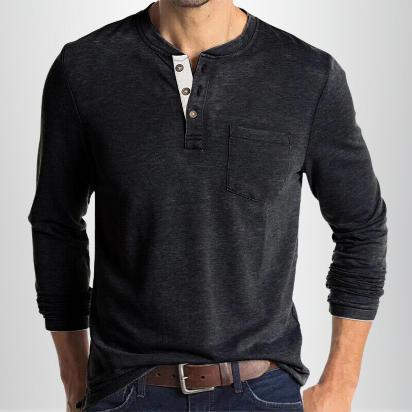 Men's Long Sleeve T-shirt with Henley Collar and Chest Pocket