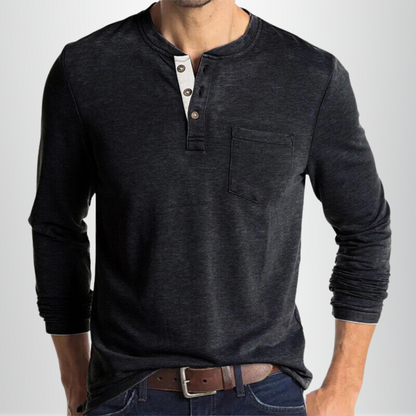 Men's Long Sleeve T-shirt with Henley Collar and Chest Pocket
