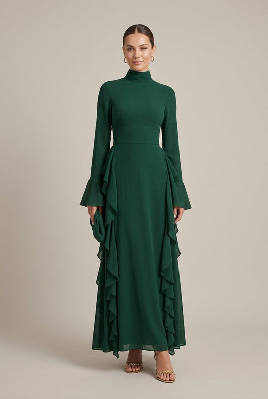 Women's Long Sleeve High Neck Ruffle Dress