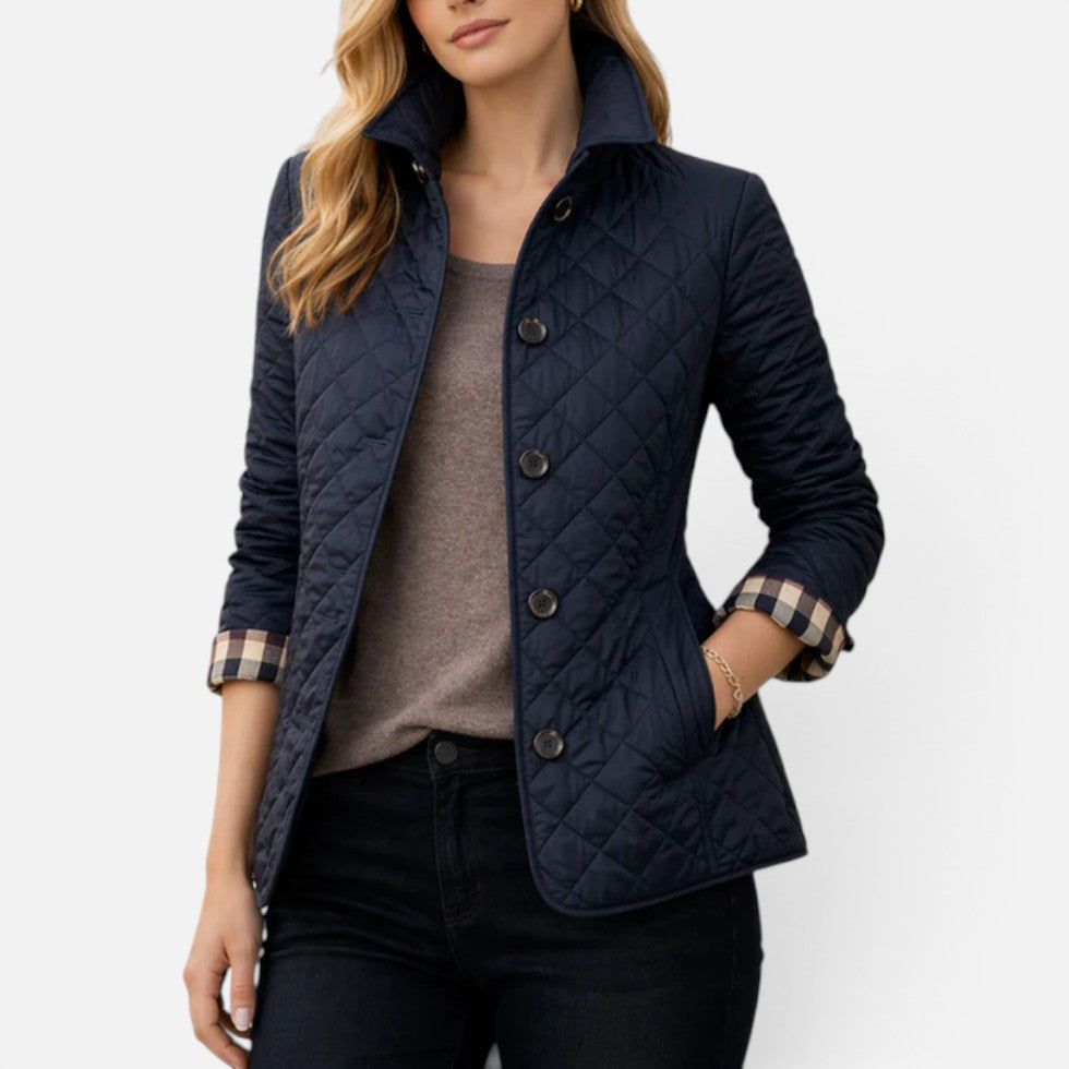 Women's quilted jacket with button placket and stand-up collar