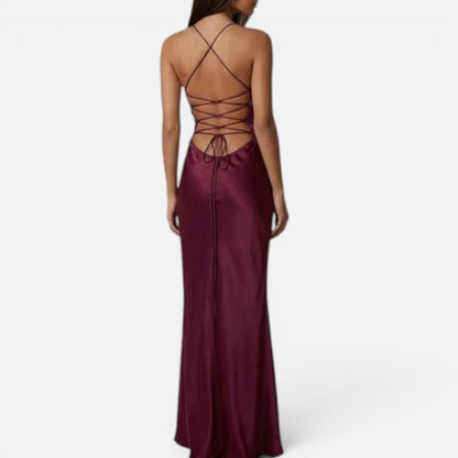 Maxi dress with pearl embellishment, halter neck, sleeveless, satin look