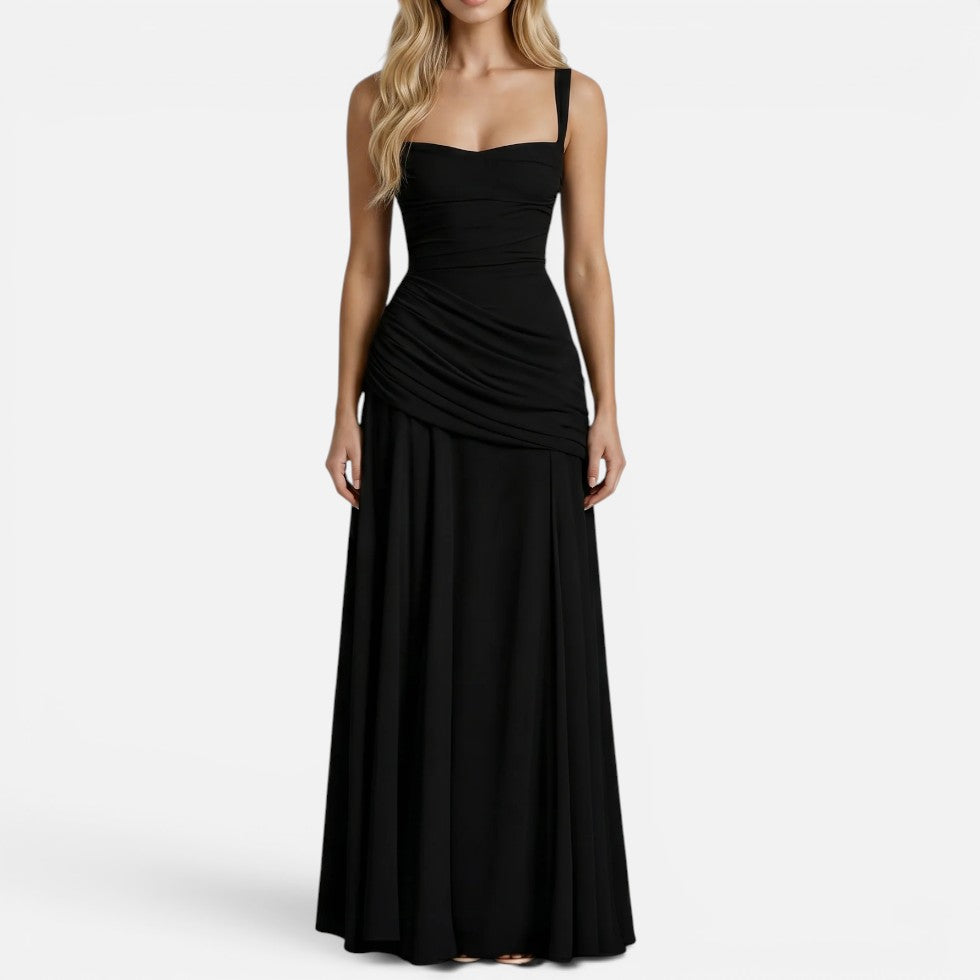 Maxi dress with shoulder straps, ruching, figure-hugging, sleeveless