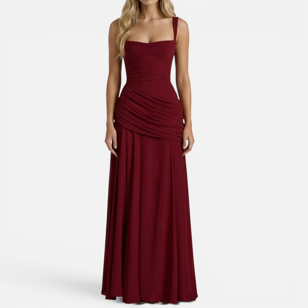 Maxi dress with shoulder straps, ruching, figure-hugging, sleeveless