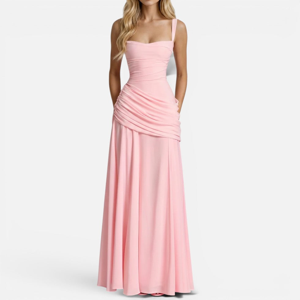 Maxi dress with shoulder straps, ruching, figure-hugging, sleeveless