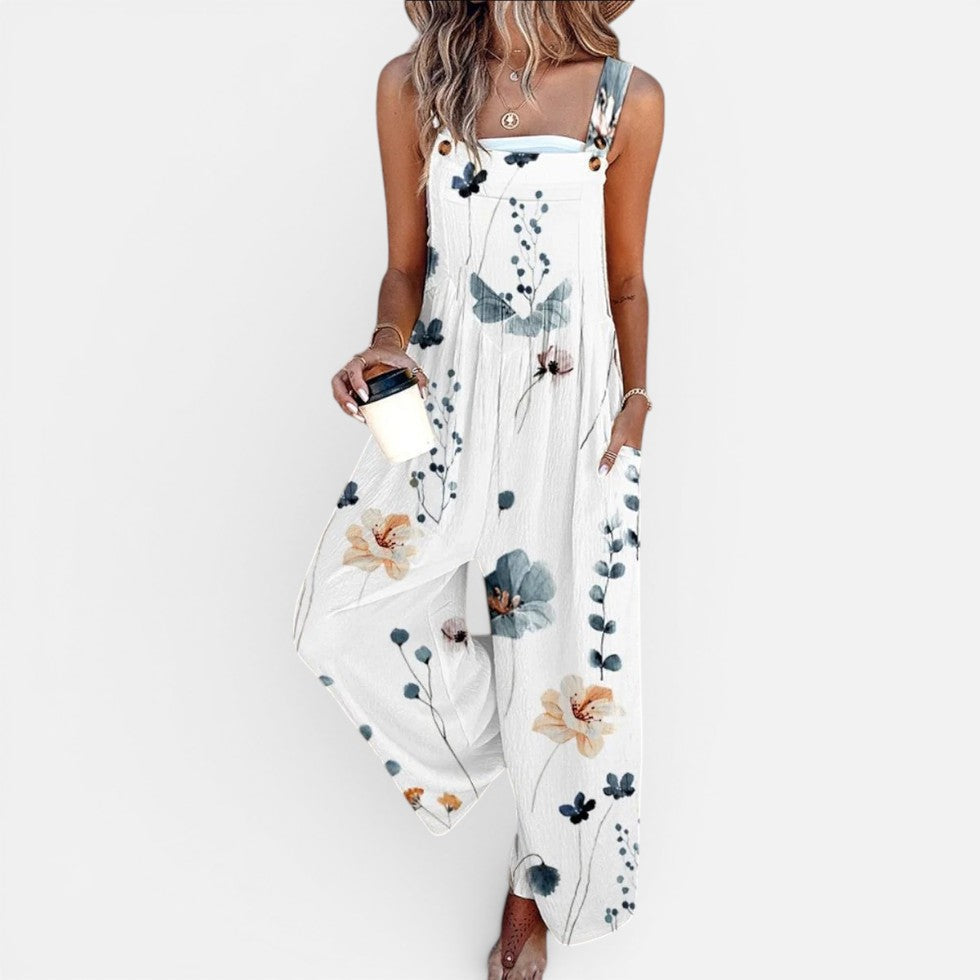 Women's dungaree with floral print and wide leg