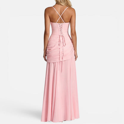 Maxi dress with shoulder straps, ruching, figure-hugging, sleeveless
