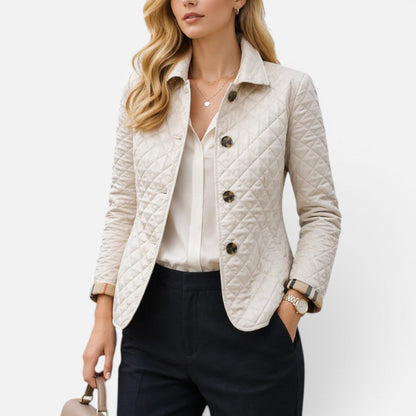 Women's quilted jacket with button placket and stand-up collar
