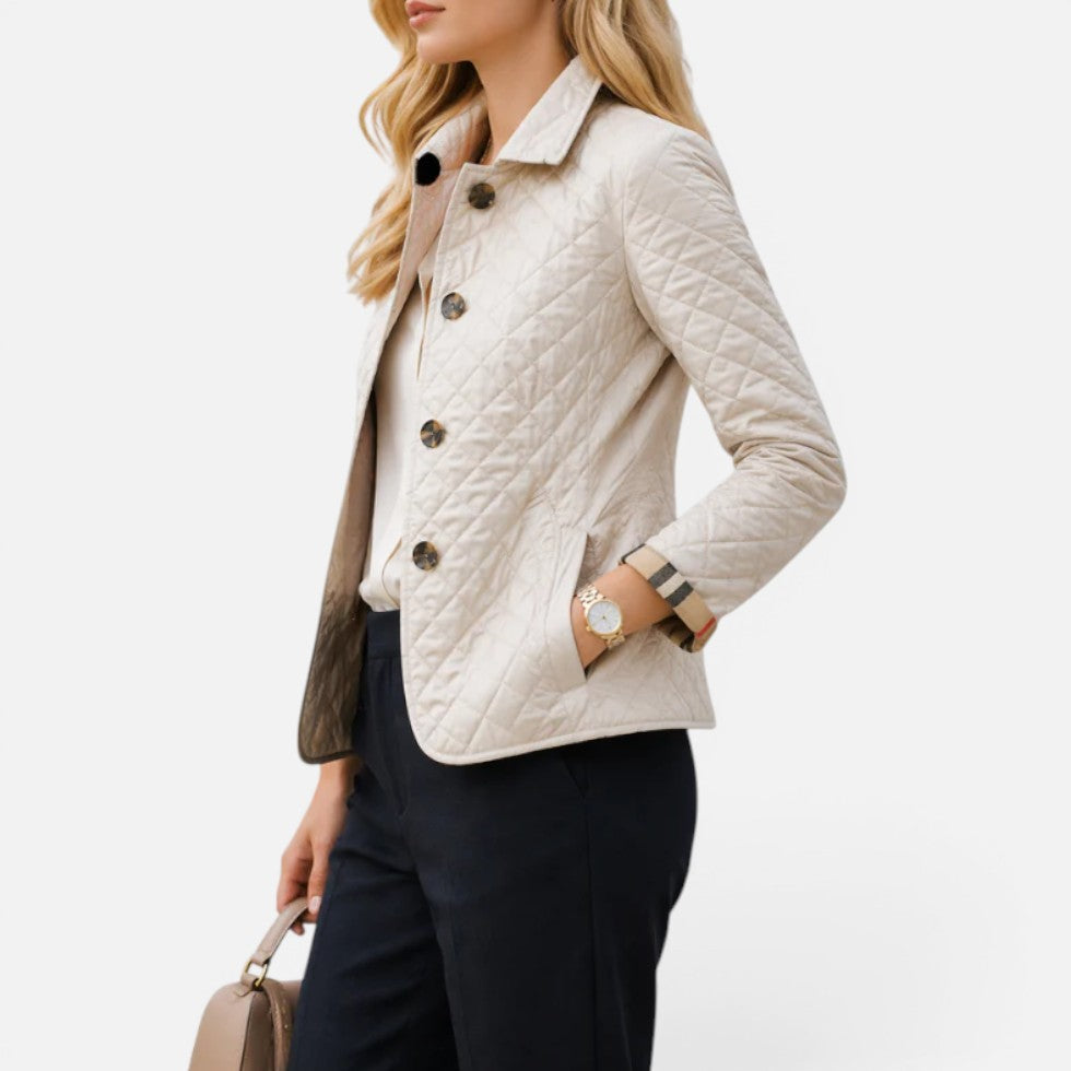 Women's quilted jacket with button placket and stand-up collar