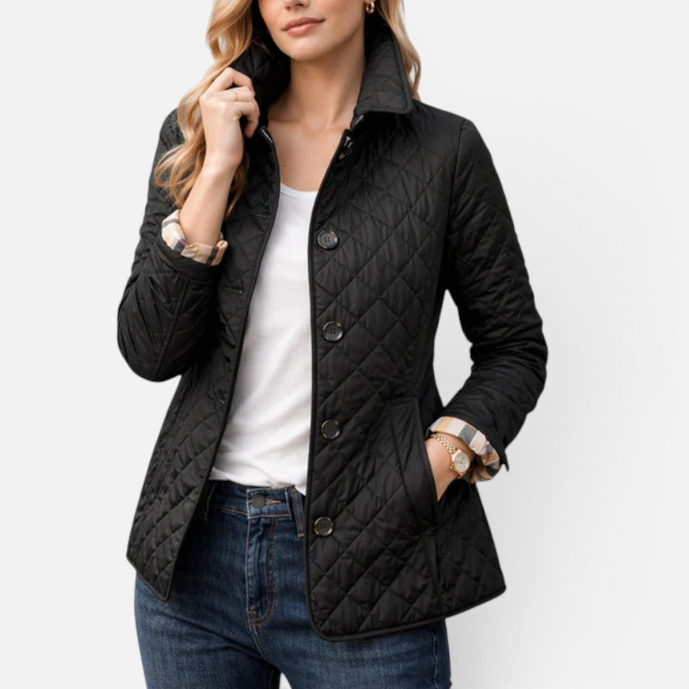 Women's quilted jacket with button placket and stand-up collar