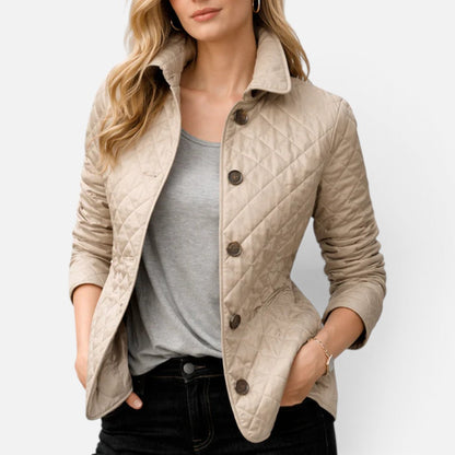 Women's quilted jacket with button placket and stand-up collar