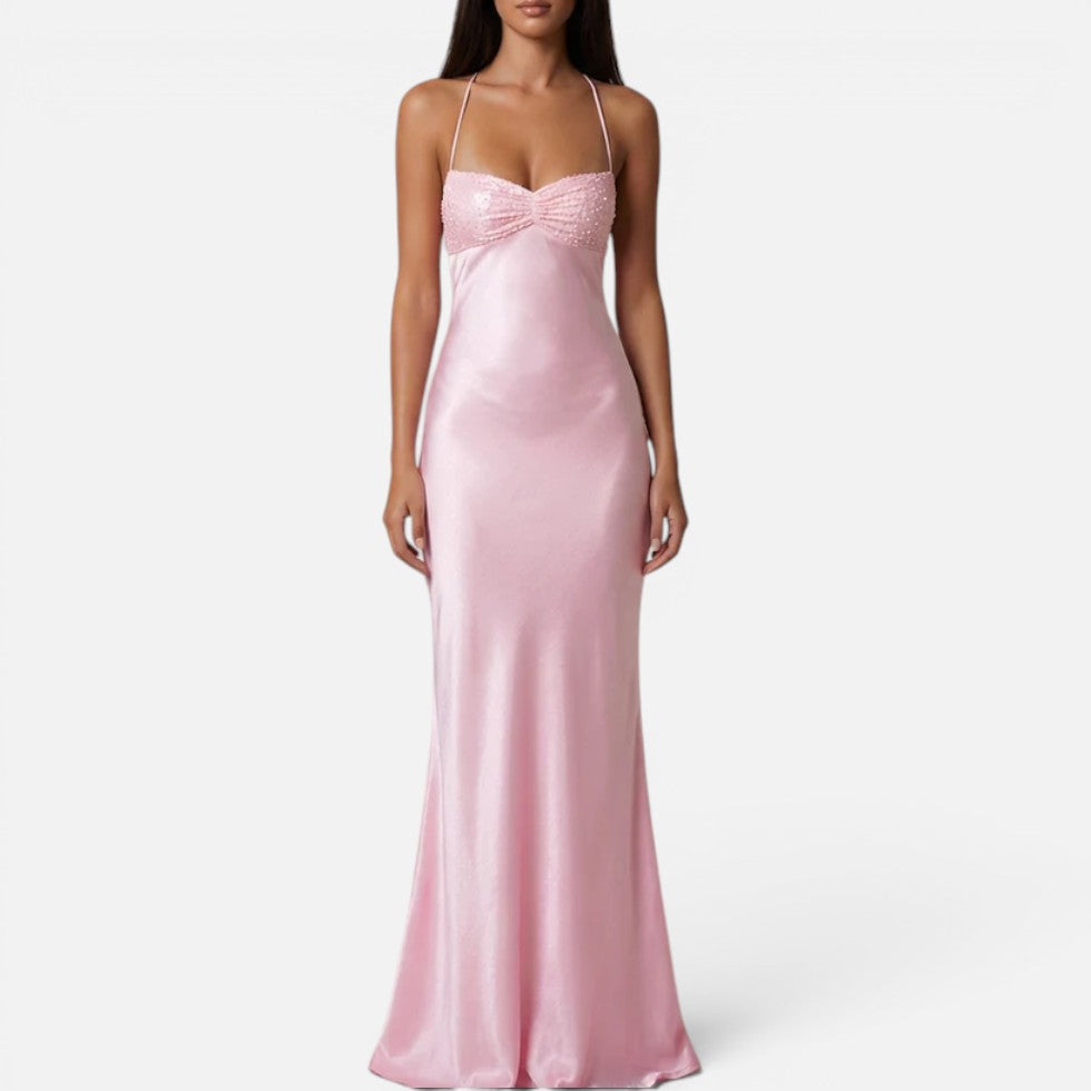 Maxi dress with pearl embellishment, halter neck, sleeveless, satin look