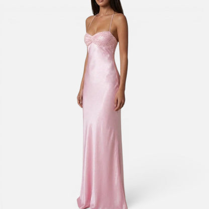Maxi dress with pearl embellishment, halter neck, sleeveless, satin look