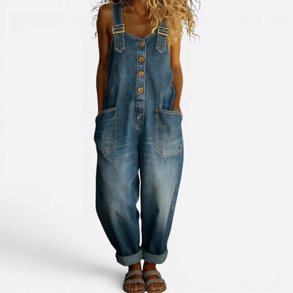 Women's wide-cut denim jumpsuit with pockets