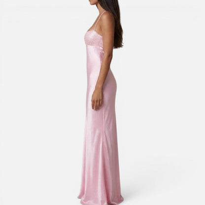 Maxi dress with pearl embellishment, halter neck, sleeveless, satin look