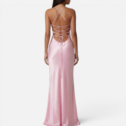 Maxi dress with pearl embellishment, halter neck, sleeveless, satin look