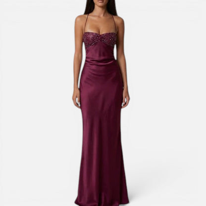 Maxi dress with pearl embellishment, halter neck, sleeveless, satin look