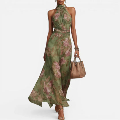 Maxi dress, floral pattern, sleeveless, halter neck