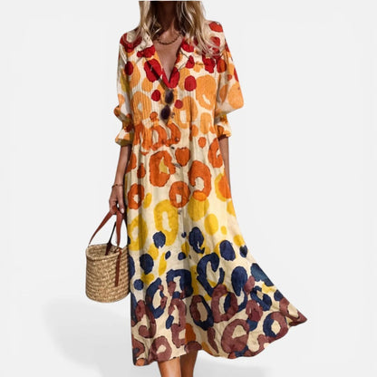 Midi dress, V-neck, long sleeves, patterned