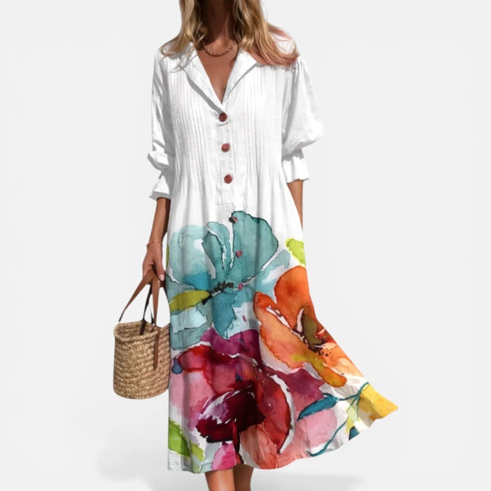 Midi dress, V-neck, long sleeves, patterned