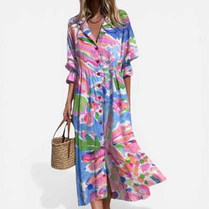 Midi dress, V-neck, long sleeves, patterned