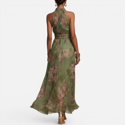Women's maxi dress with floral pattern and halter neck