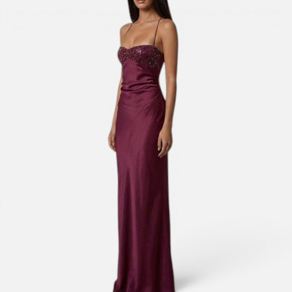 Maxi dress with pearl embellishment, halter neck, sleeveless, satin look