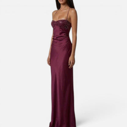 Maxi dress with pearl embellishment, halter neck, sleeveless, satin look
