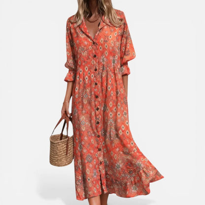Midi dress, V-neck, long sleeves, patterned