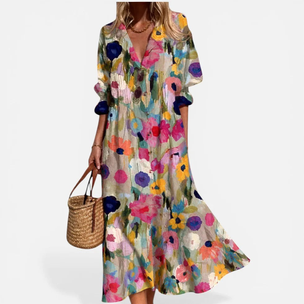 Midi dress, V-neck, long sleeves, patterned
