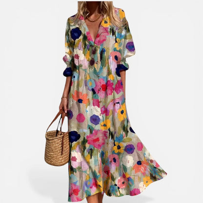 Midi dress, V-neck, long sleeves, patterned
