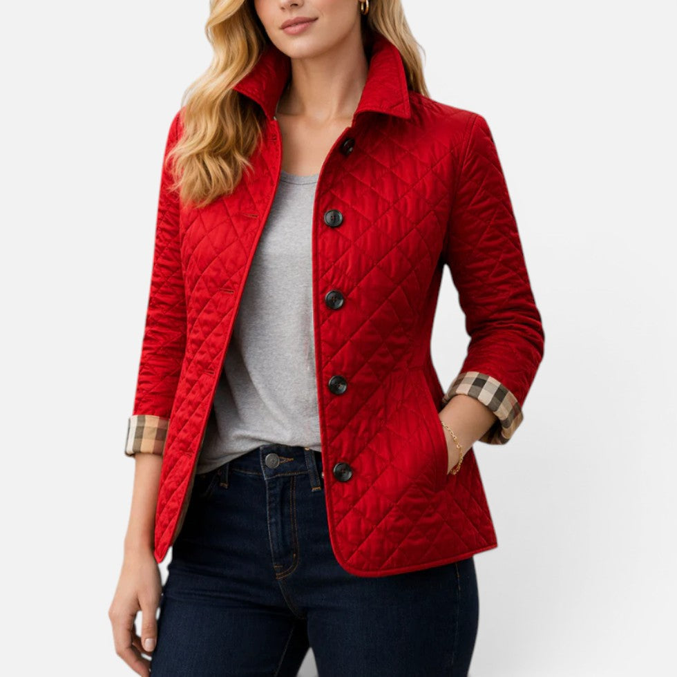 Women's quilted jacket with button placket and stand-up collar