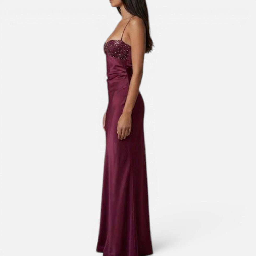 Maxi dress with pearl embellishment, halter neck, sleeveless, satin look