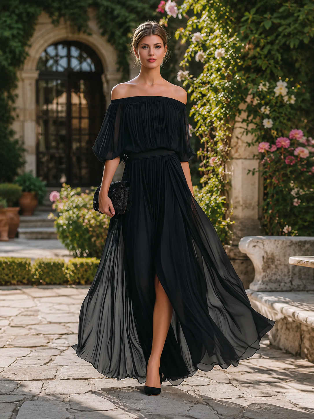 Celina | Women's Elegant Off Shoulder Formal Wedding Guest Maxi Dress with Pleated Skirt