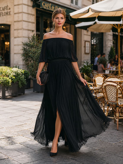 Elina | Women's Elegant Off Shoulder Formal Wedding Guest Maxi Dress with Pleated Skirt